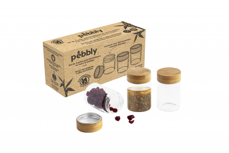 Pebbly | Set de 3 pots en verre 75 ml avec couvercle à vis en bambou