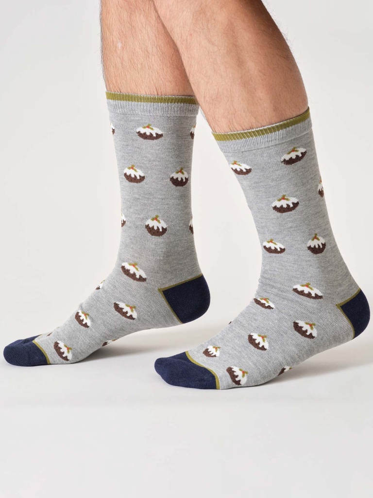 THOUGHT | Chaussettes - Mens Christmas Pudding Bamboo Cracker Gift Box Of Two - Grey Marl/Navy Blue