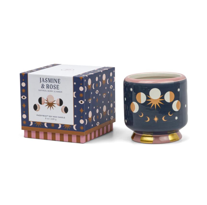 DESIGNWORKS COLLECTIVE | Adopo 8oz./226g Moon Phases Ceramic Candle - Jasmine &amp; Rose Boxed