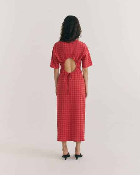 THINKING MU | RED CHECKS SEERSUCKER KINA DRESS - RED - FEMME