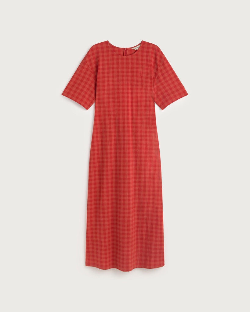 THINKING MU | RED CHECKS SEERSUCKER KINA DRESS - RED - FEMME