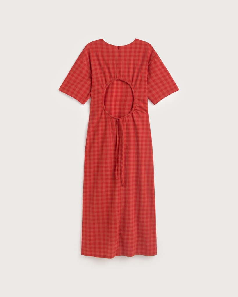 THINKING MU | RED CHECKS SEERSUCKER KINA DRESS - RED - FEMME
