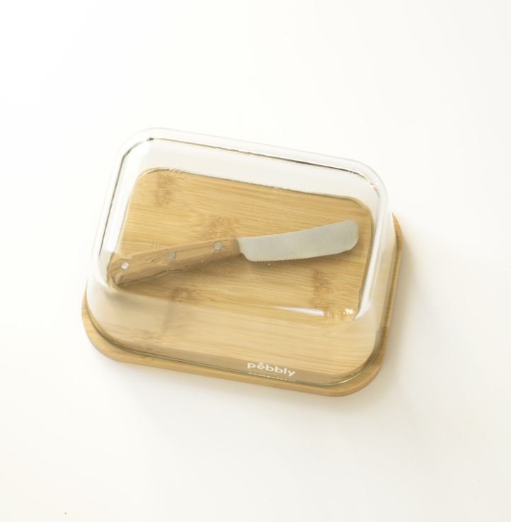 Pebbly | Set beurrier en verre/bambou avec couteau à beurre