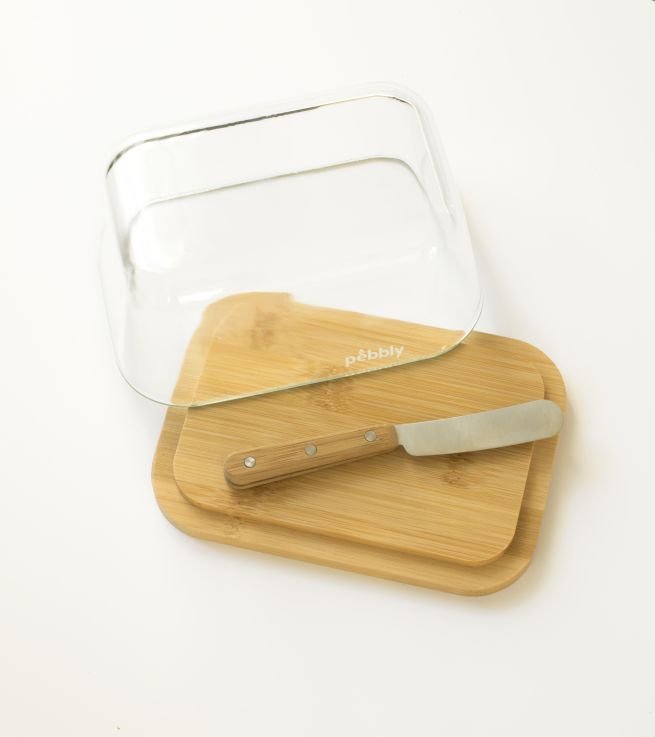 Pebbly | Set beurrier en verre/bambou avec couteau à beurre