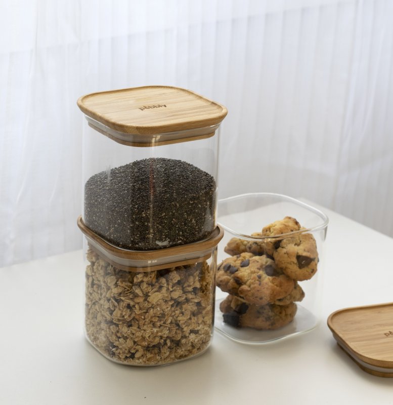 Pebbly | Set de 3 boites carrées en verre avec couvercle en Bambou