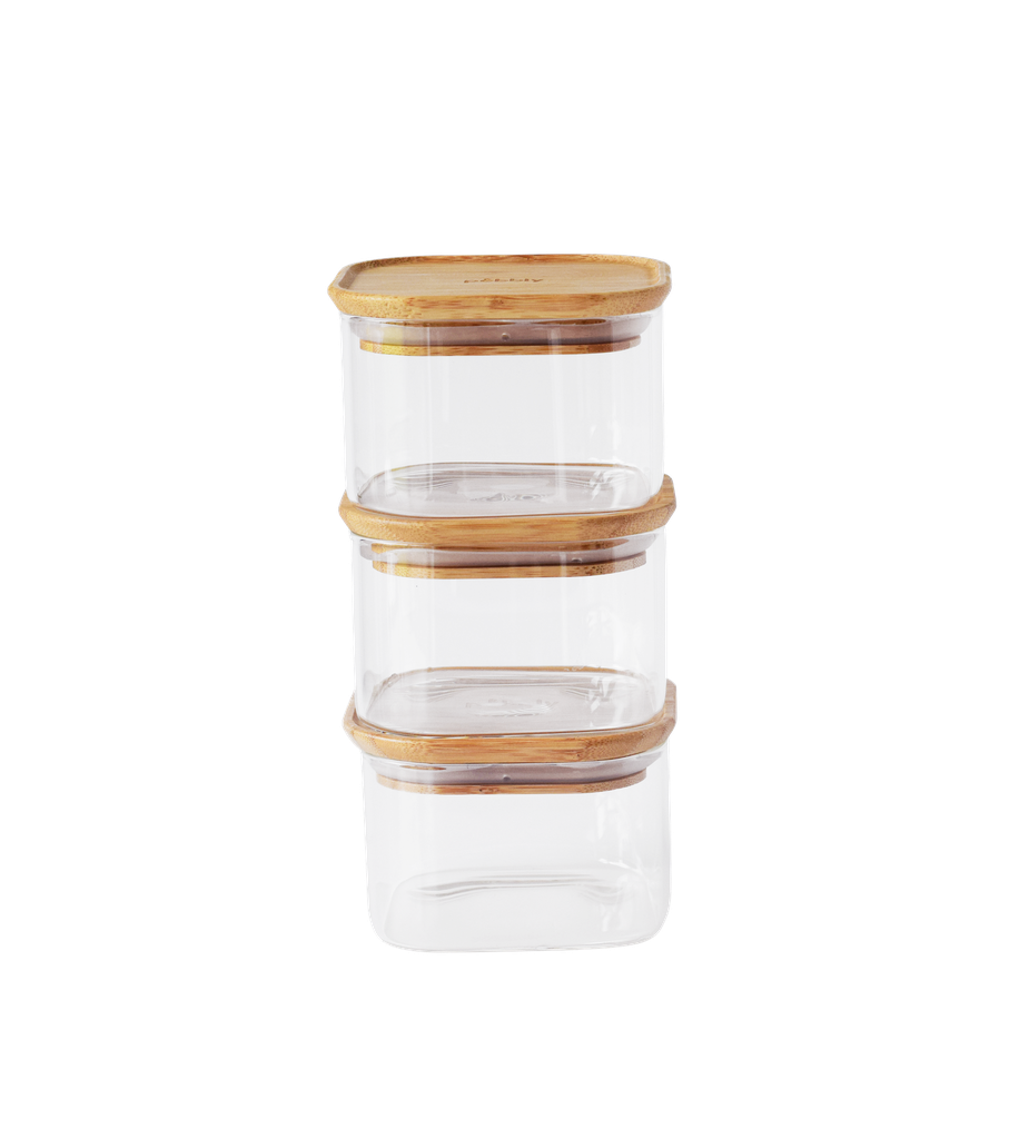 PEBBLY || Set de 3 boîtes carrées avec couvercle en bambou 500 ml – Transparent