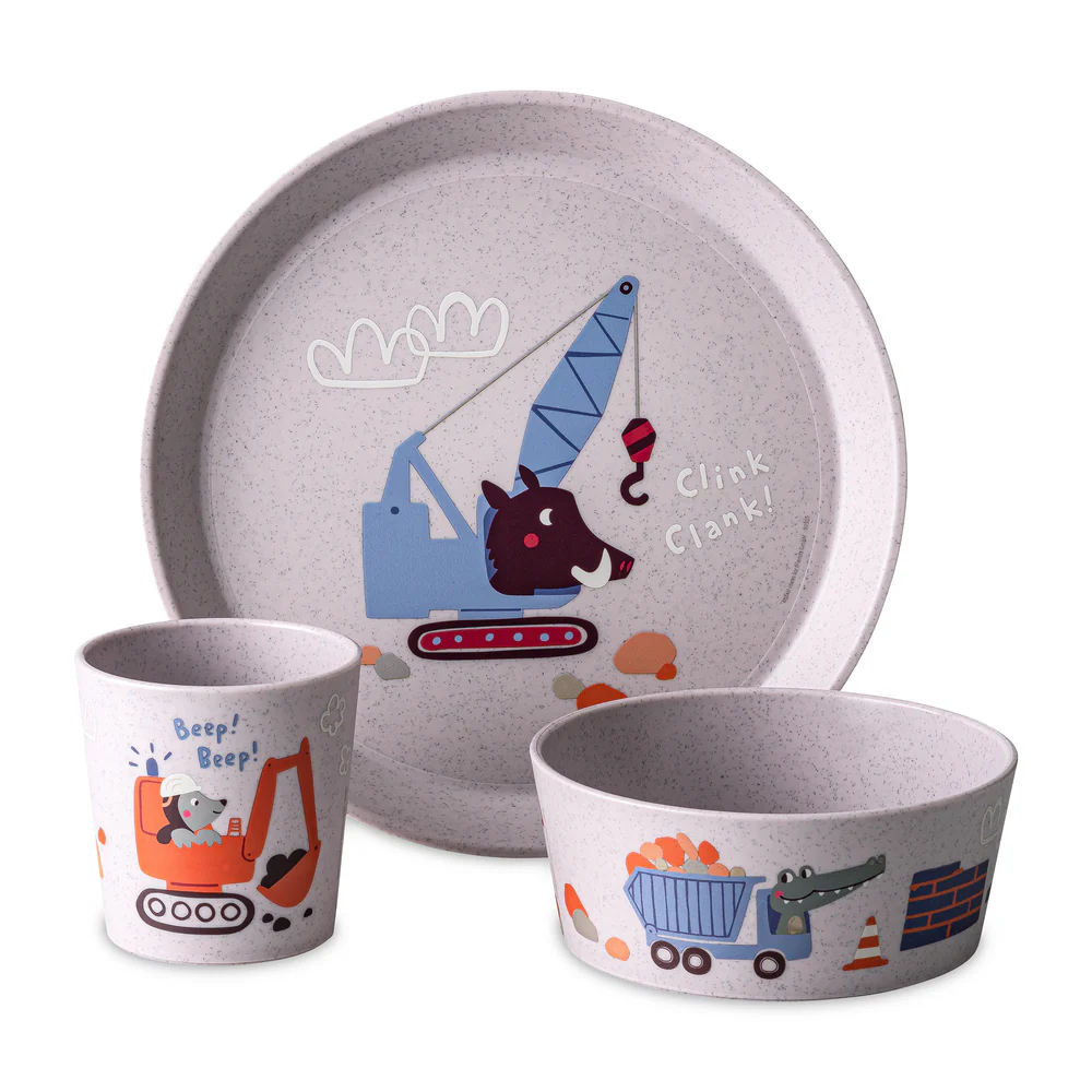 Koziol || Set petite assiette + bol + gobelet – Gris organic trucks – Enfant