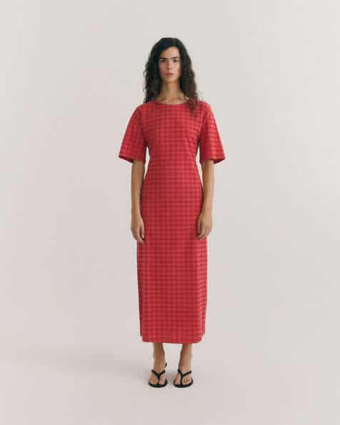 THINKING MU || Robe Red Checks Seersucker Kina – Red