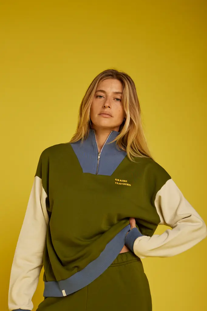 GRAINE || Sweat à col camionneur en coton biologique - Mousse - Vert kaki