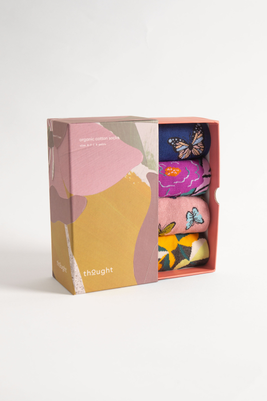 [BTR-TA595-Blue/Green/Purple/Grey- 4-7] THOUGHT | Coffret chaussettes femme Flower &amp; Butterfly - Blue/Green/Purple/Grey