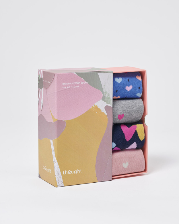 [BTR-TA596-Pink/Navy/Grey-Marl/Light-Blue- 4-7] THOUGHT | Coffret chaussettes femme Heart - Pink/Navy/Grey Marl/Light Blue