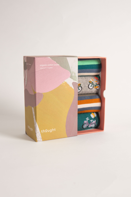 [BTR-TA597-Blue/Grey-Marl/Yellow/Green- 4-7] THOUGHT | Coffret chaussettes femme Bike &amp; Stripe - Blue/Grey Marl/Yellow/Green