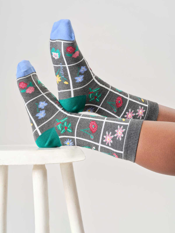 [BTR-W25W-TA651C-Dark Grey Marl-4-7] THOUGHT || Chaussettes Floral Checkerboard – Gris foncé chiné – Femme