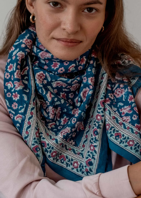 [BIN-FL_EDE_AQU] Bindi Atelier | Grand foulard indien - Edel Aqua