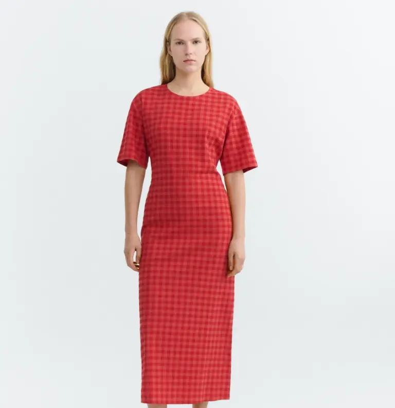 THINKING MU || Robe Red Checks Seersucker Kina – Red