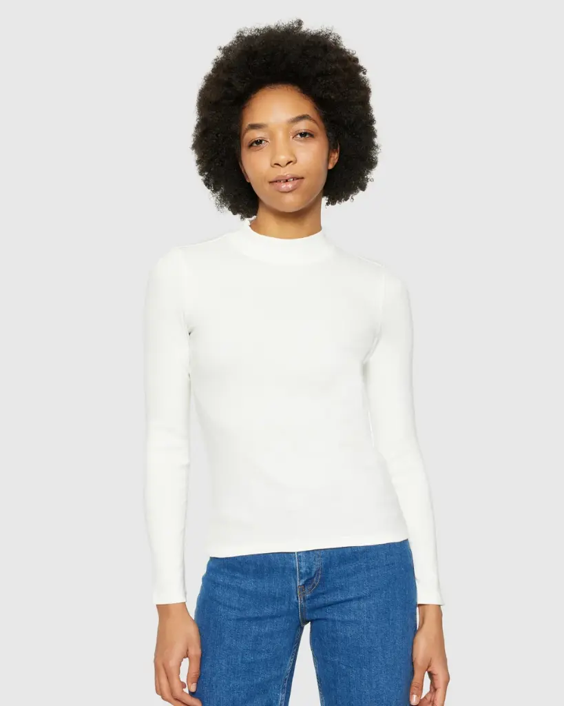 [KCA-W26W-100076-1007-XXS] KNOWLEDGE COTTON APPAREL || Haut côtelé à col montant - Rib mock neck - Star White