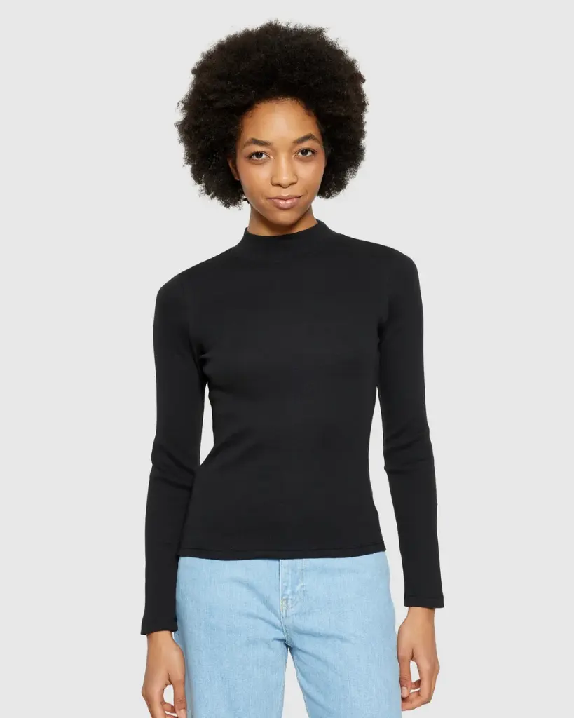 KNOWLEDGE COTTON APPAREL || Haut côtelé à col montant - Rib mock neck - Black Jet