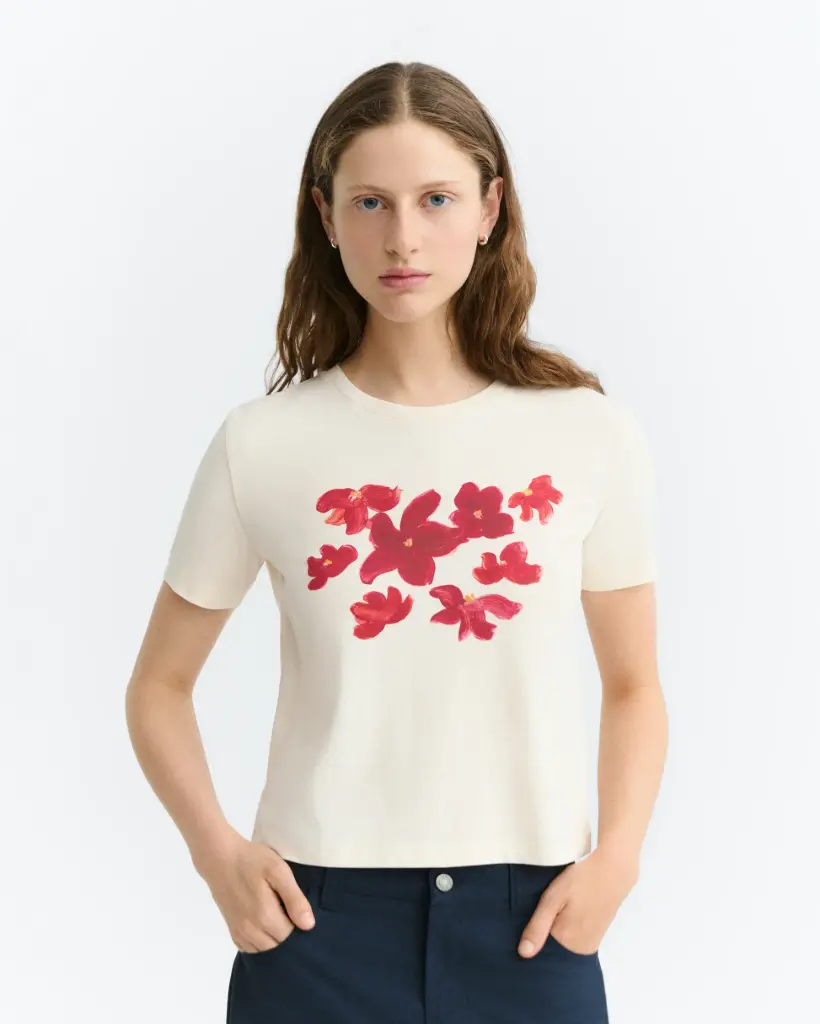 THINKING MU || Tee-shirt Zowie Red Garden – Écru & Rouge
